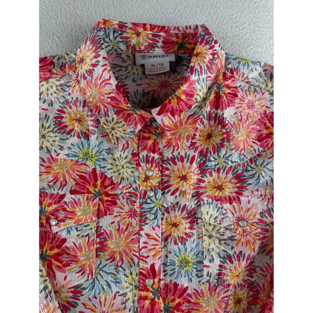 Ariat Womens XL Floral Snap Front Western Shirt Metallic Stripe Long Sleeve - Picture 5 of 11